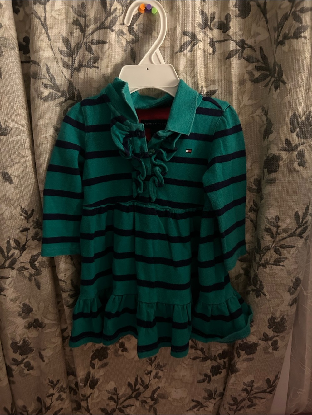 Tommy Hilfiger Teal & Navy Striped Ruffle Collar Dress Top